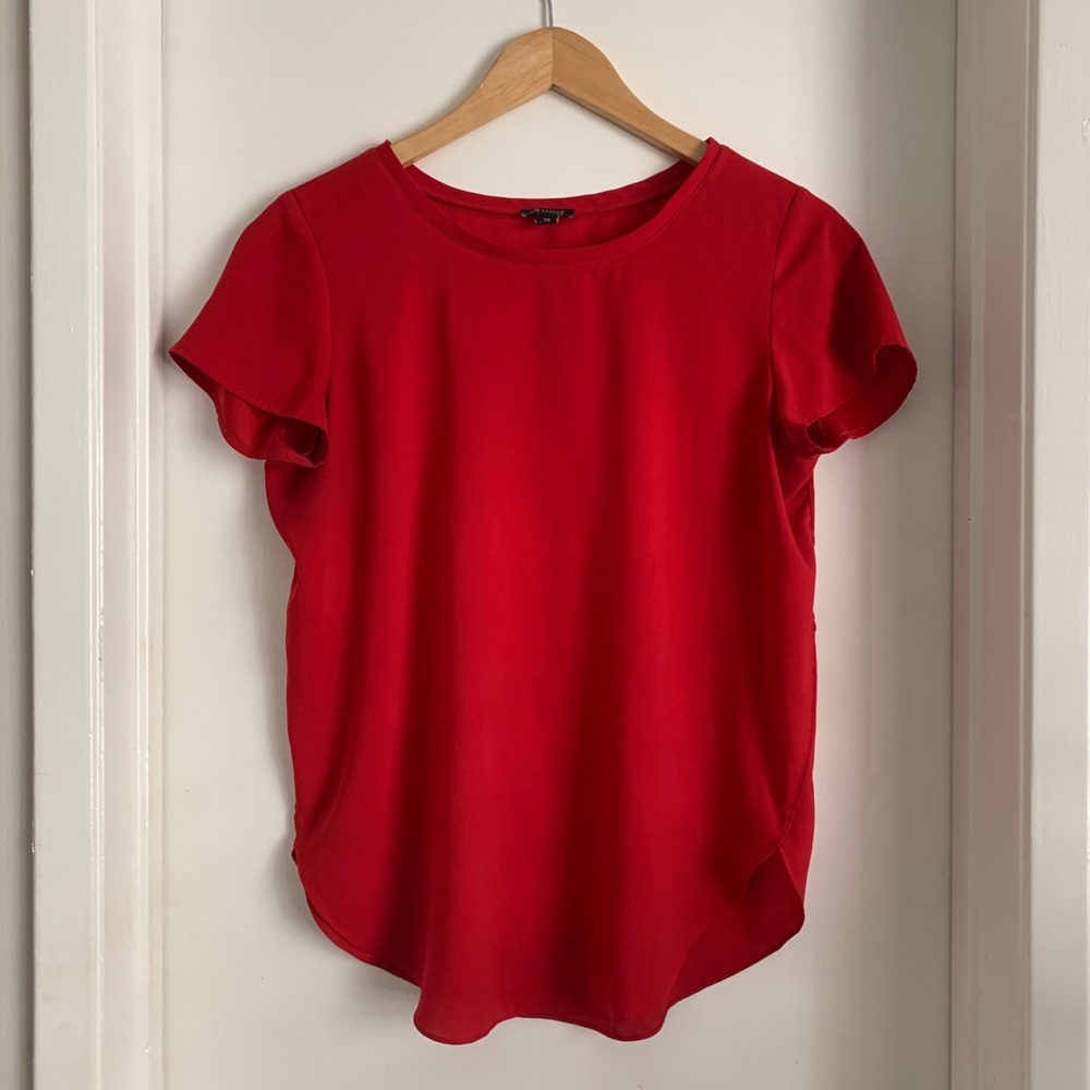 Ann Taylor Red Short Sleeve Satin-like Blouse